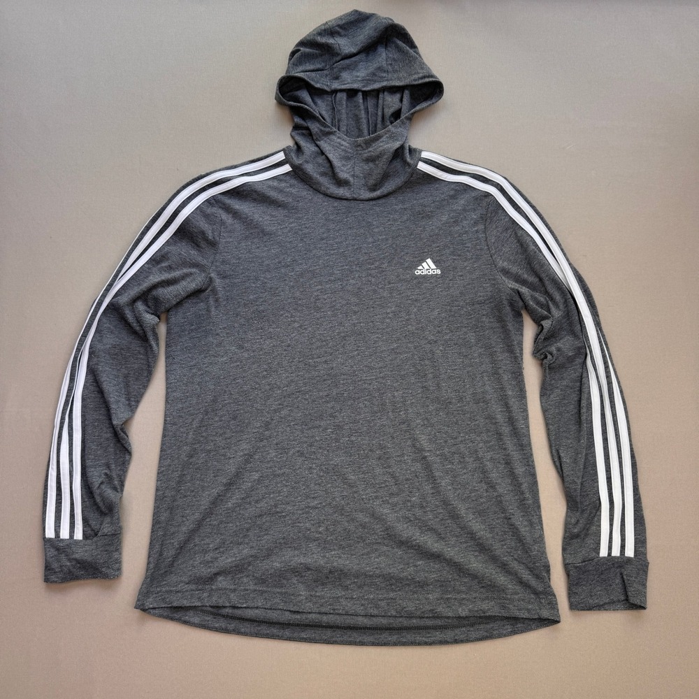 Adidas Climalite Hoodie Mens Medium Gray 3 Stripe Long Sleeve Shirt EC0425